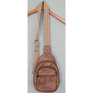 BOSTANTEN Vegan Leather Sling Bag Crossbody Woven Strap Caramel Brown